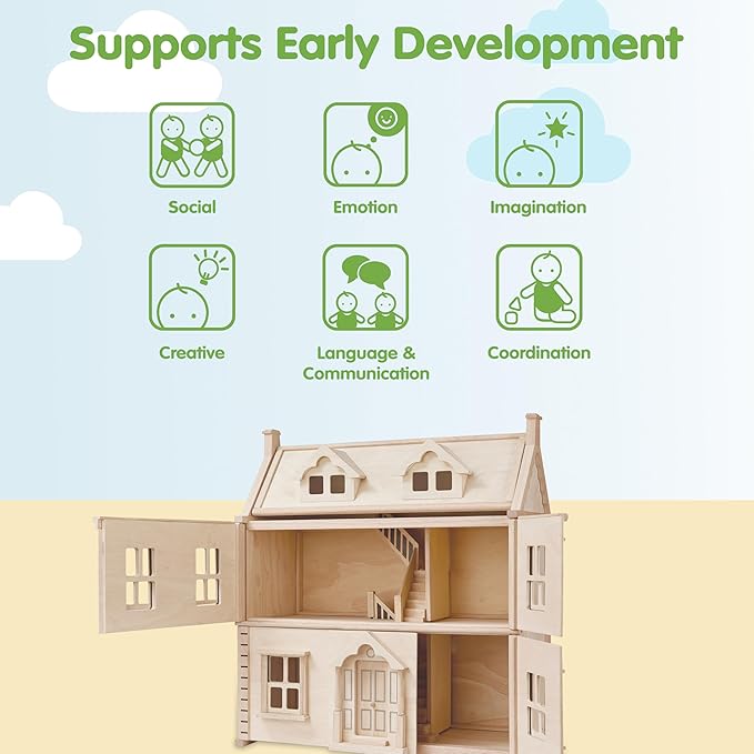 PlanToys® Victorian Wooden Dollhouse | 3-Story Large Doll House with Attic, Opening Panels & Sliding Windows | Pretend Play Dollhouse Compatible with 1:12 Scale Furniture & Wooden Dolls