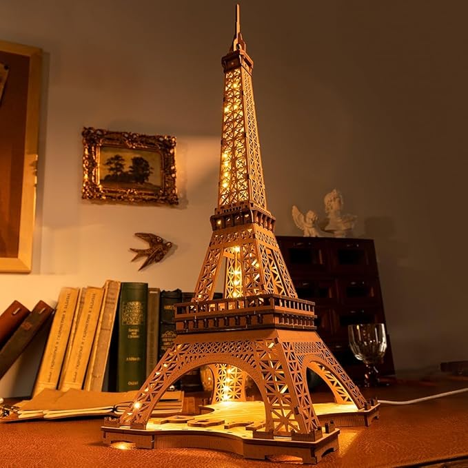 ROBOTIME 3D Puzzle for Adults DIY Model Building Kit with LED Light Wooden Eiffel Tower Craft Kit Architecture Toy Set Brain Teaser Gifts for Friend