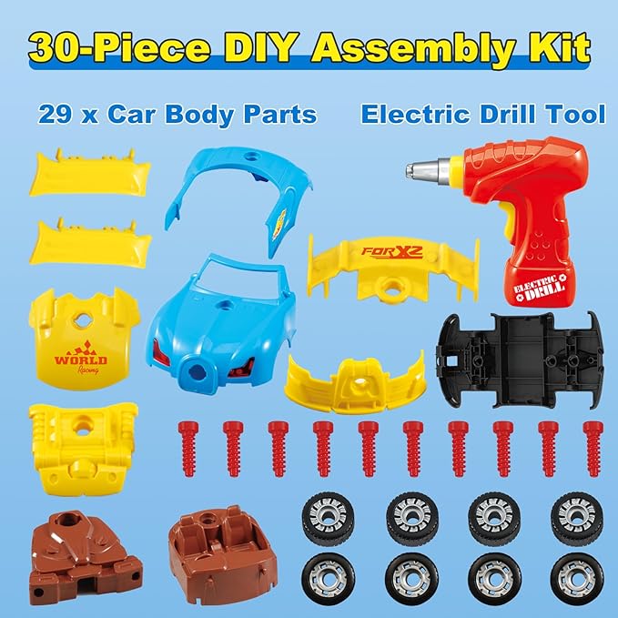 Construction Toys for Boys Age 3-8, Take Apart Toy Car Racing, 30 Pieces Building Toys with Electric Drill, Build Your Own Car with Realistic Sounds & Lights, STEM Gifts Kids (4 Spare Screws)