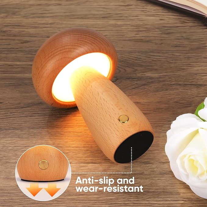 2 Pack Wooden Mushroom Lamp, Portable Cordless Touch Switch Small Rechargeable Battery Operated Lamp,Stepless Dimming,