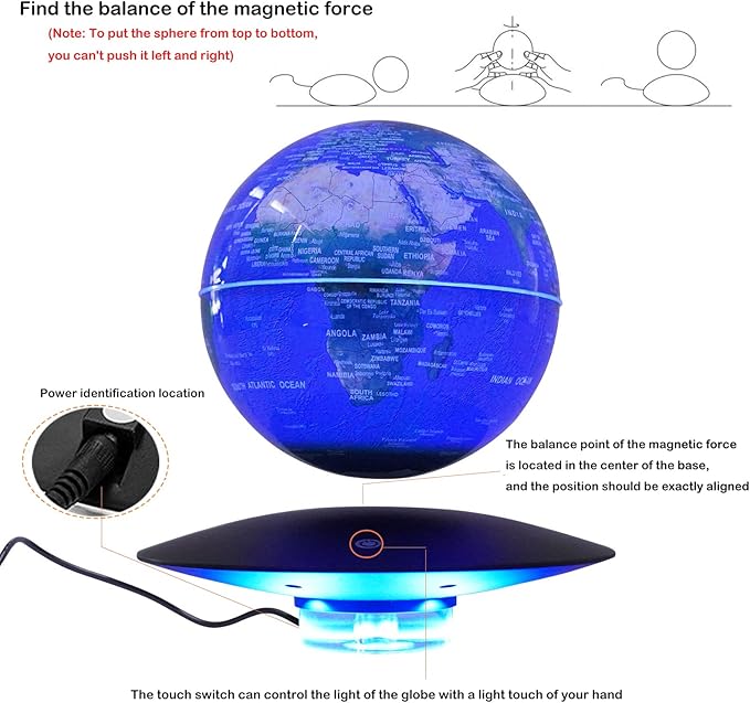 6" Magnetic Levitating Globe, 360°Rotating Geographic Globes Levitating Globes with LED Light Floating Magnetic Levitation Floating Globe for Desk Home Office Study Room(Dark Blue+Black/Style B)