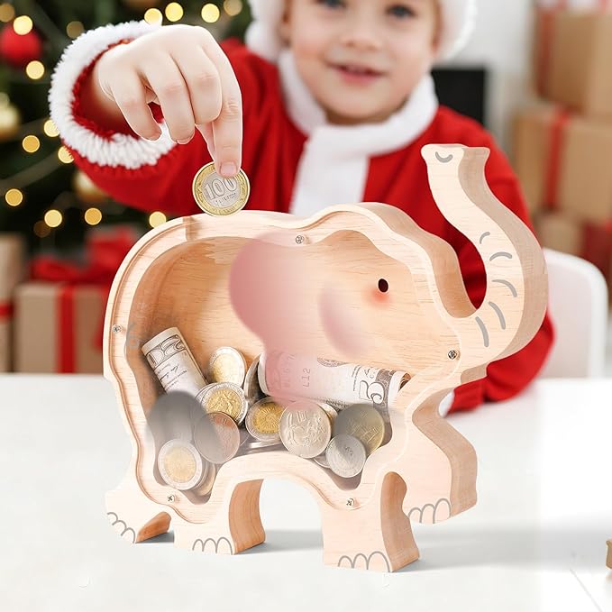 Wooden Elephant Piggy Banks for Kids, Adorable Elephant Piggy Bank with Acrylic Panels, Unbreakable Toddler Money Box for Girls Adults Boys, Cute Saving Coin Jar for Birthday Décor