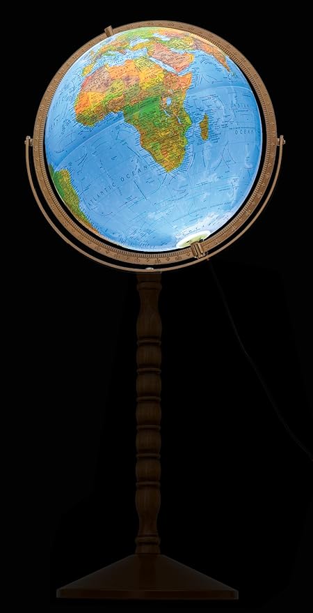Treasury 12" Diameter Blue Illuminated Globe, USA Cartography, Convertible to Desktop with Raised Mountain Relief and Sturdy Metal Base and Hand Turned Hard Wood Stand.This economical 12” floor model stands 32” high on a durable metal base and attracti...