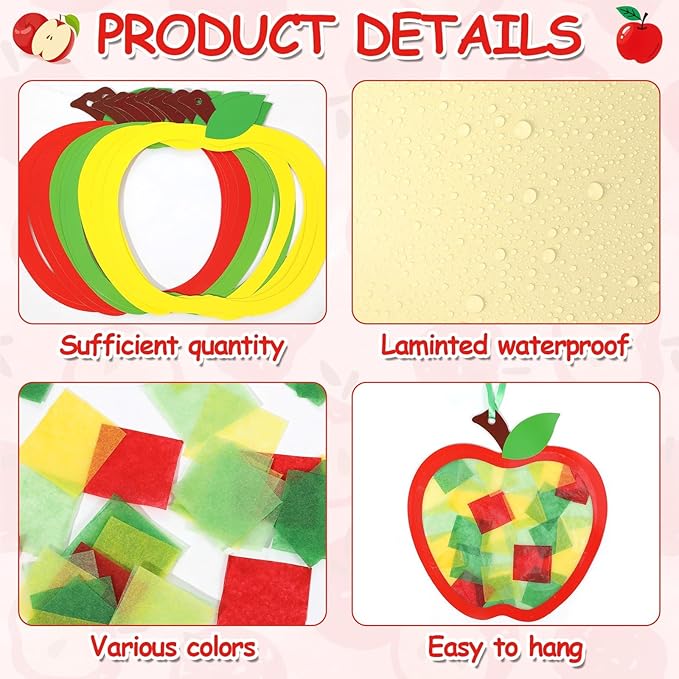 Qyeahkj 36 Set Fall Apple Suncatchers Crafts for Kids DIY Autumn Window Tissue Paper Craft Kit Hanging Decor for Classroom Home Activity Art Project Birthday Party Favor Gift
