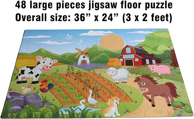 Farm Floor Puzzle for Kids 3-5: Educational Jigsaw Farm Scene - 48-Piece Large Puzzle 36 x 24 inches for Toddlers Learning Education Gift Family Activities
