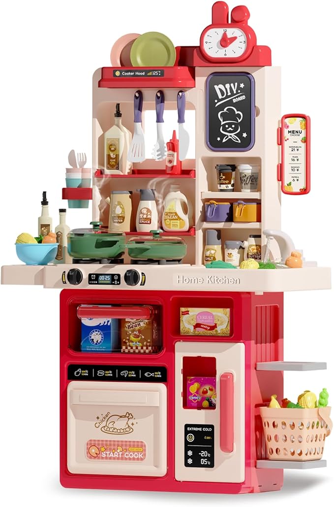 Kids Kitchen Playset Set, 63PCS Pretend Play Kitchen Toys for Toddlers, Cooking Stove with Steam Sound Light, Play Sink with Manual Faucet, Play Food Accessories Gift for Girls, 33’’H Red