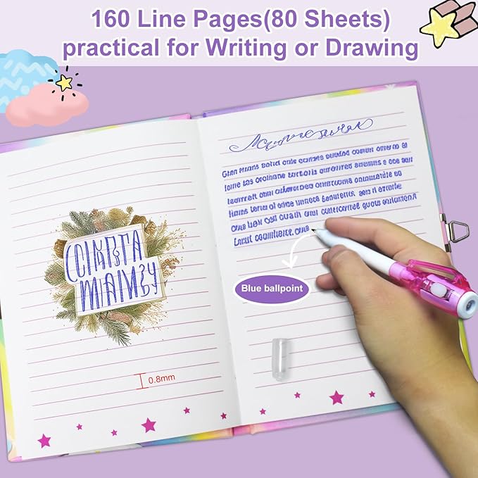 Pop Girls Diary with Lock and Invisible Ink Double-end Pen, 7.5x5.4 Inches 160 Lined Pages Fidget Unicorn Girls Journal for Kids Secret Notebook Pen Set Birthday Gifts for Girls 5 6 7 8 9 10 Years Old