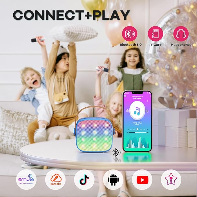 Mini Karaoke Machine for Kids Adults, Portable Bluetooth Speaker with 2 Wireless Microphones, Birthday Gifts Toys for Girls Boys Ages 3, 4, 5, 6, 7, 8, 9,10,11,12+ Years Old Toddler (Royal-Blue)