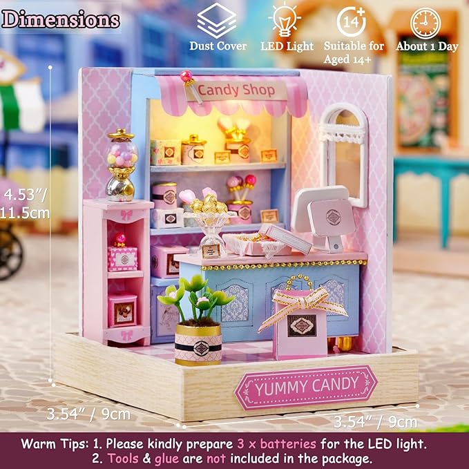 TuKIIE DIY Miniature Dollhouse Kit with Furniture, 1:24 Scale Creative Room Mini Wooden Doll House Plus Dust Proof for Kids Teens Adults(Yummy Candy)