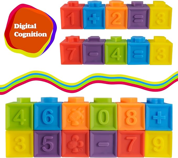 Ganowo 12PCS Mini Soft Stacking Blocks Toys, Educational Squeeze Teeth Baby Toys with Numbers Animals for 6 Months Up Baby Building Blocks Christmas Stocking Stuffers for Baby Toddlers Gifts