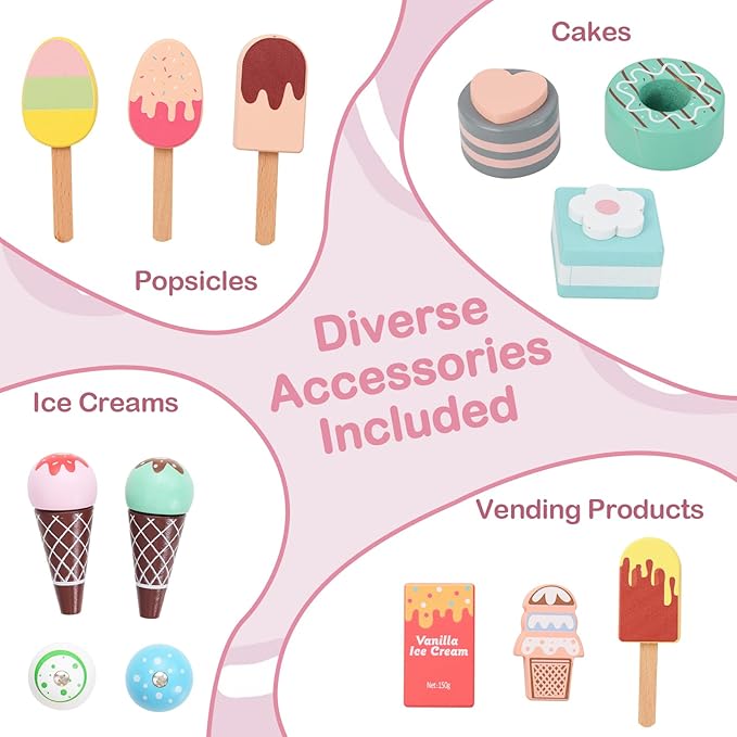 Costzon Ice Cream Cart, Wooden Grocery Store w/Vending Machine, Play Food, Display Rack & Shelves, Swivel Wheels, Push Handle, Ice Cream Truck, Market Stand Pretend Playset for Kids Ages 3+ (Pink)