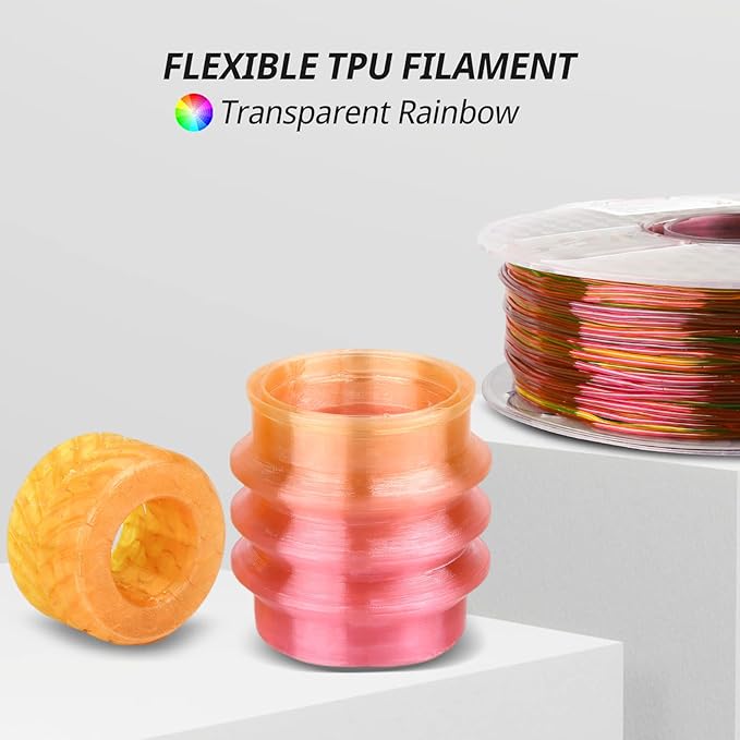 AMOLEN TPU 3D Printer Filament, Transparent Multicolor Rainbow TPU 1.75mm, Color Change Flexible Soft TPU 3D Printing Filament Supports High Speed, 1kg Spool(2.2lbs)
