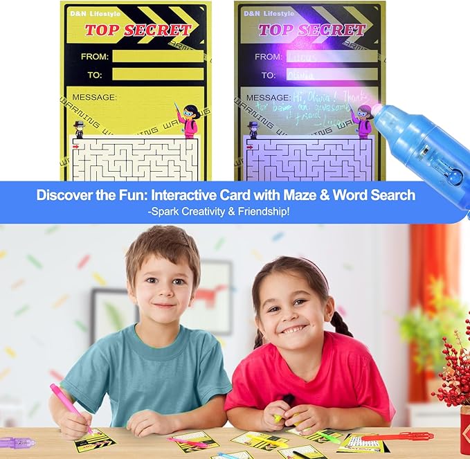 28 Pcs Invisible Ink Pens with UV light for kids, Word Search & Maze Activities Cards Included, Education & Party Favors, End of School Year Gift, Birthday,Halloween, Christmas, Goodie bag stuffers