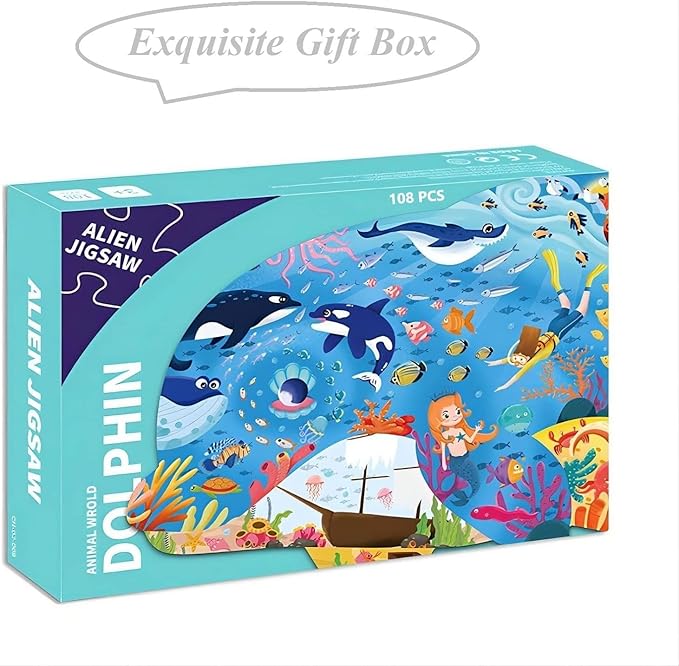 PINU Jigsaw Puzzles for Kids Ages 3-5, 6-8, 8-10, Children Colorful Fun Animal Shaped Puzzle Learning Educational Toys Gifts Games for Boys and Girls (Dolphin-108 PCS)