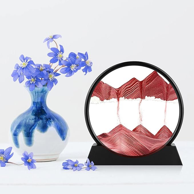 Moving Sand Art Picture - 3D Quicksand Painting Decor - Round Glass 3D Deep Sea Sandscape - Relaxing Home Decoration Desk Toys for Home Office Desk Mantle Bookshelf- (Red, 12 in)