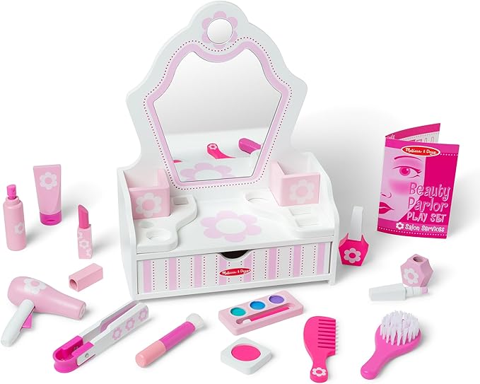 Melissa & Doug Wooden Beauty Salon Play Set, 18-Piece Vanity with Pretend Play Toys, Makeup, Mirror, Accessories & More, Preschool Toys for Girls & Boys Ages 3+ - FSC Certified