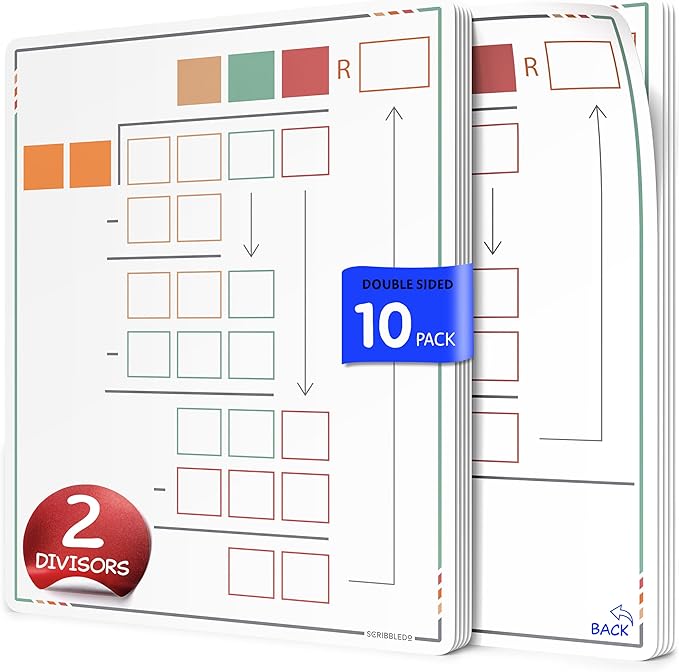 SCRIBBLEDO Long Division Practice 11”x14” Reusable Sheets Math Manipulatives for Classroom Teaching Materials 5th Grade Classroom Must Haves Special Education Math Centers 10-Pack Dry Erase Sheets