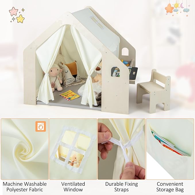 Costzon Kids Tent, 6-in-1 Wooden Frame Play House with Table and Chair Set, Blackboard, Side Storage Bag & Soft Floor Mat, Indoor Playhouse for Boys Girls Aged 2-6 Years Old