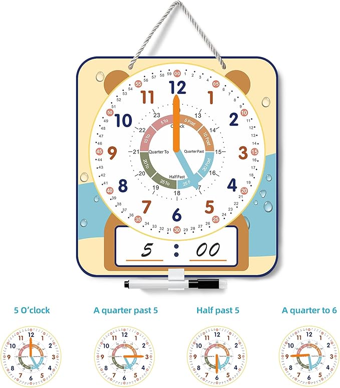 Large 12" Magnetic Writable Dry Erase Teaching Clock with Cute Style, Teaching Demonstration Clock for Kids Learning Practice Time for Home School Classroom Supplies (12" x11"-Beige)