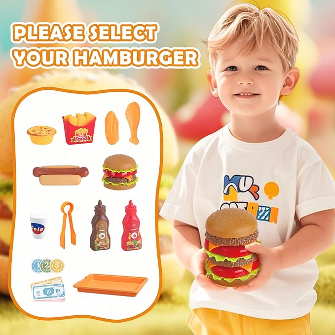 21 Pcs Toddler Hamburger Play Set, Pretend Play Cart Stall, Food Toys,with hot Dogs, Egg tarts, and Chicken Wings, for Children