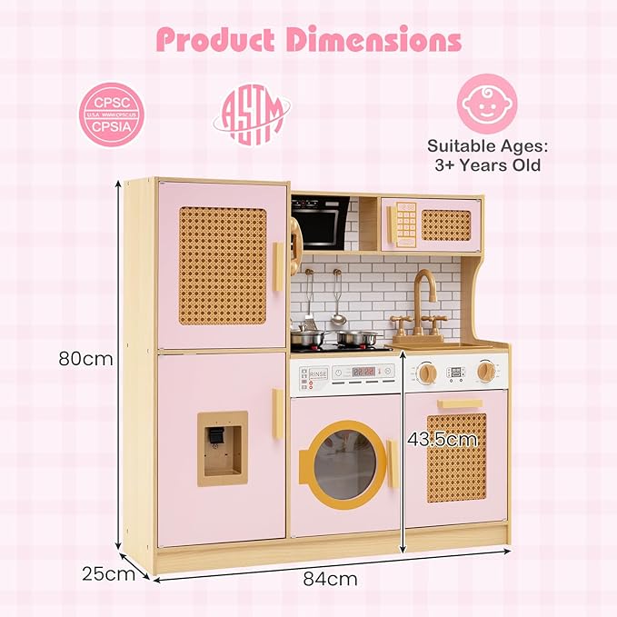 Costzon Kids Kitchen Playset, Wooden Play Kitchen w/Rattan Door, Realistic Lights & Sounds, Water Dispenser, Washing Machine, Cooking Accessories, Montessori Toy for Kids 3+ Year Old (Pink)