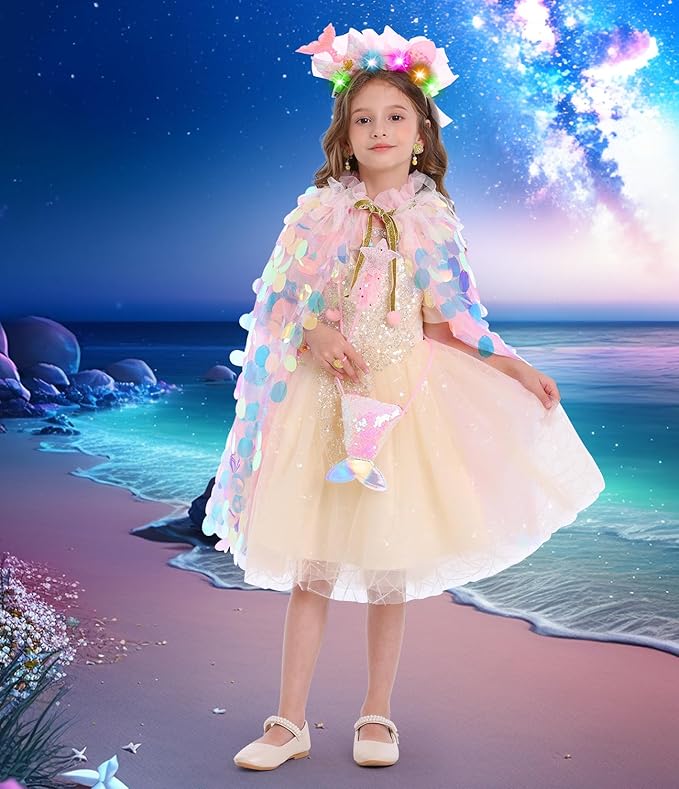 Princess Dress Up Toys Princess Dress Up Clothes Rainbow Mermaid Cape Kit 9 Pcs Gift Set for Little Girls 3-8 Years