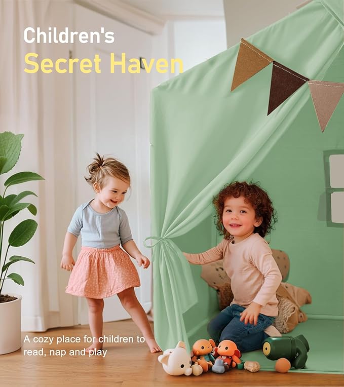 Kids Tent, Play Tent with Star Lights, Large Play Tents with 2 Windows, Kids Playhouse Indoor & Outdoor, Reading Nook, Christmas Toddler Tents for Girls & Boys, 52" x35" x 51", Green
