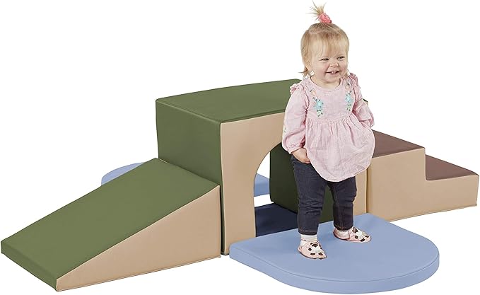 Factory Direct Partners 10408-ET SoftScape Single Tunnel Play Foam Climber Plus, Beginner Toddler Soft Structure for Active Playtime (5-Piece Set) - Earthtone