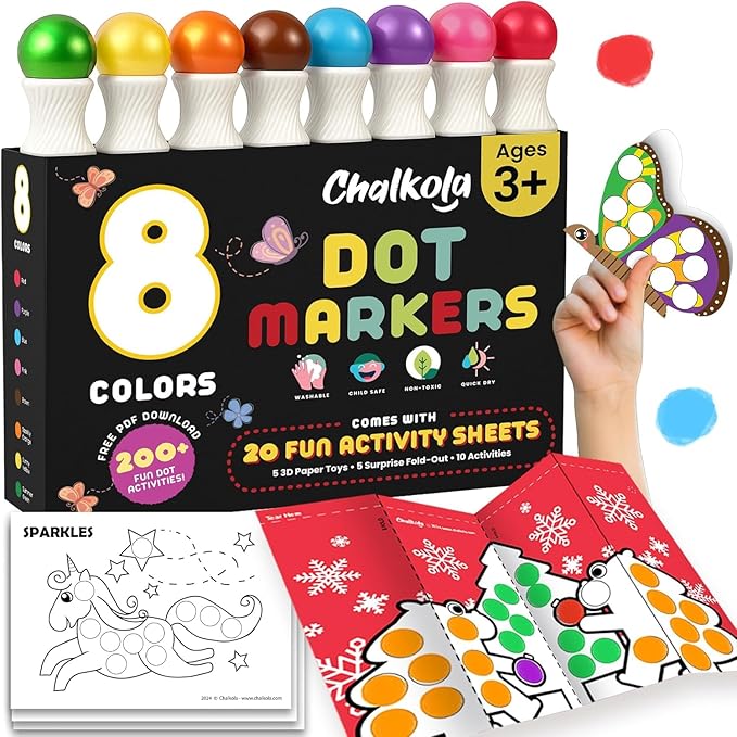 Chalkola 8 Washable Dot Markers for Toddlers 1-3 | with 20 Page Coloring Activity Book Kit, Bingo Daubers | Preschool Paint Dot Art Set - Toddler Arts and Crafts Supplies for Kids Ages 2-4 Years Old