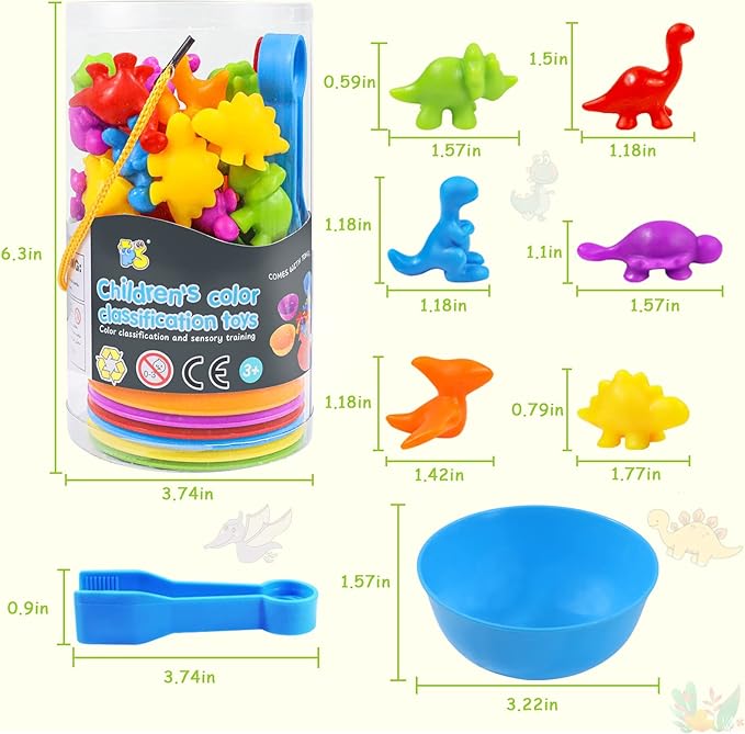 Counting Toys Matching Game for Kids with Sorting Bowls Sensory Toys Color Classification Game Set Early Learning Toddler Preschool Montessori Educational Toys for 3 4 5 Years Old-Dinosaurs