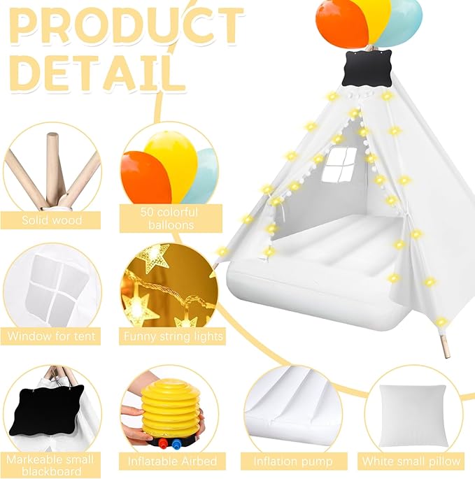 6 Pcs Kids Teepee Tent Bulk with Light String Inflatable Airbed Bedding Fitted Sheet and Markeable Small Blackboards for Boys Girls Indoor Outdoor Slumber Party (White)