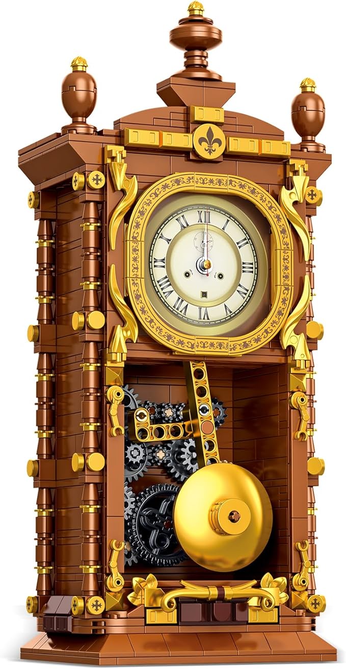 Vintage Swing Clock Building Blocks Set – 751 PCS Real Working Mechanical Clock with Alarm, Moving Pendulum & Rotating Dial, Retro Steampunk Decor Gift for Adults & Teens, Compatible with Lego Sets