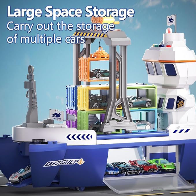 Toy Boat & Gantry Crane for Kids, Cruise Ship with 18 Mini Race Cars and 6 Containers, Cargo Ship Toy with Sounds and Lights, Boats Age 3 4 5 6 7 8 for Boys Girls Birthday Present