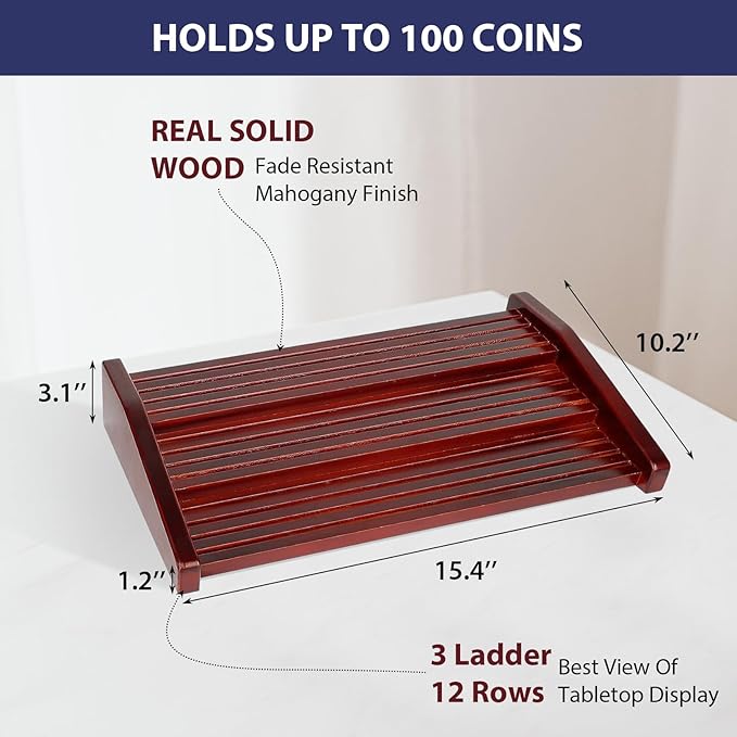 Challenge Coin Holder Display Case - 3 Tiers Solid Wood Military Coin Rack for 80-100 Coins, Army Coin Stand for Desk Display, Mahogany