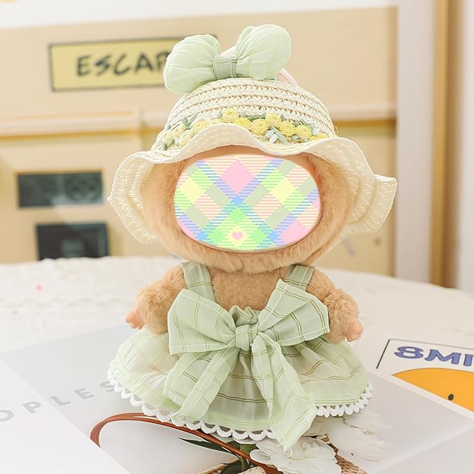 Clothes for Dolls Accessories (No Doll), Kawaii Hat Skirt Outfit Set 3 Pieces for 15cm 17cm Doll Suit, Stylish Bowknot Dolls Hat Clothing Set Replacement Green