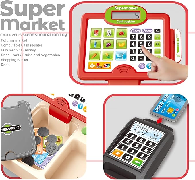 RedCrab Cash Register Toy for Kids,Toddler Store Pretend Plays Supermarket Calculator Cash Register Gift with Scanner, Play Money, Play Food for Boys & Girls