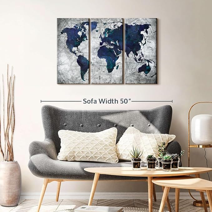 ElephantStock Deep Blue World Map Multi Piece Canvas - 3 Panel Wall Decor - Map of the World Art - Canvas for the Office and Home - 38" X 24"