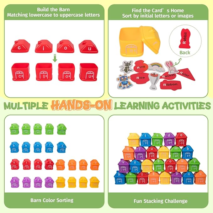 Alphabet Learning Toys for Kids 3+―ABC Barn Sorters with 260 Flash Cards, Montessori Preschool Learning Activities, Uppercase & Lowercase Letter Color Sorting and Matching Educational Game for Toddler
