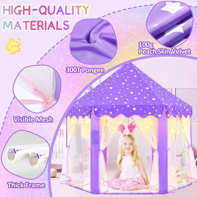 EVOIONOS Purple Tent for Girls, Kids Tent Indoor, Princess Tent with Star Lights, Girls Play Tent, Princess Castle Playhouse Tent, Little Girls Lavendar Tent, 55x53 Princess Tent for Girls