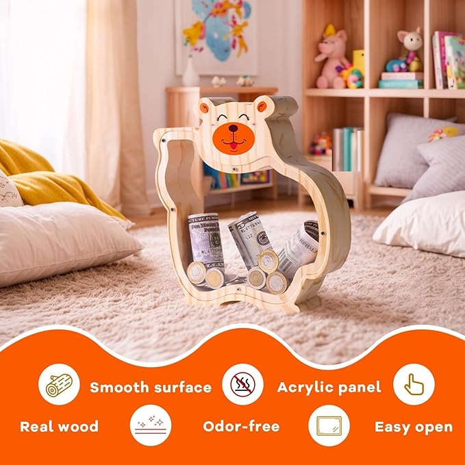 Wooden Bear Piggy Bank for Kids with Letter Stickers, Unbreakable Large Money Box for Boys, Girls, Cute Wooden Coin Bank, Piggy Money Jar Personalized Gift, Educational Toy for Kids