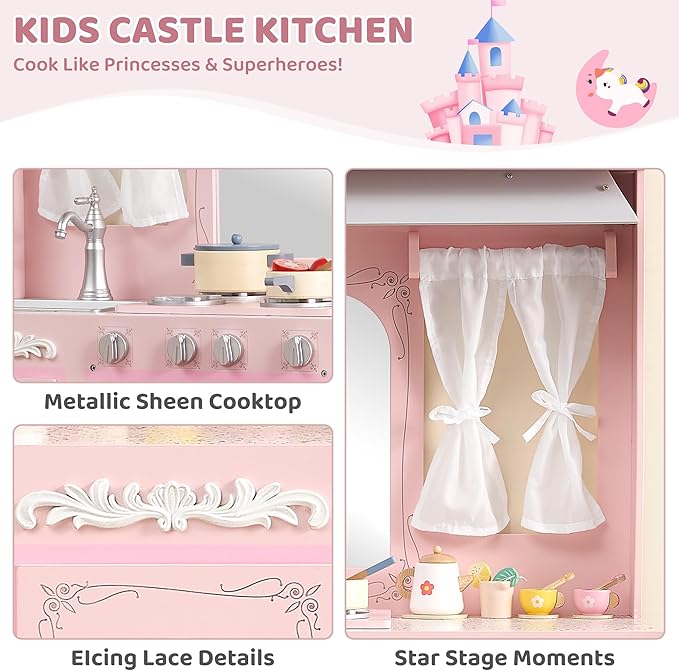 Kids Kitchen playset，Wooden Play Kitchen with Realistic Design，Kids Play Kitchen with Plenty of Play Features，Fine Gift for Ages 3+,Pink