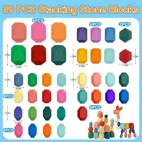 39PCS Montessori Wooden Stacking Rocks Toys Colorful Stacking Stones Building Blocks Games Sensory Toy for Toddlers Educational Learning Toys for 1 2 3 4 5 6 Years Old Kids