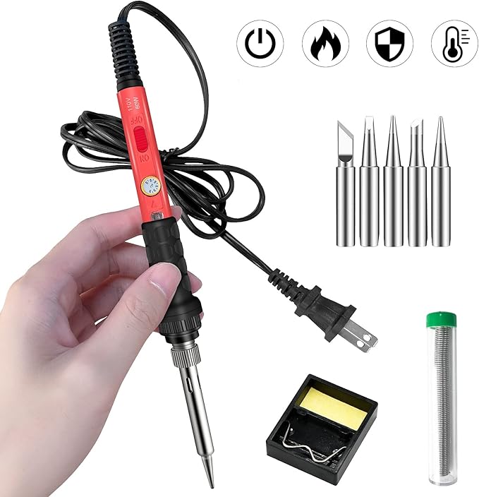 Soldering Kit, 60W Soldering Iron, 110V Welding Kit with Ceramic Heater, Portable Solder Irons with 5pcs Extra Tips, Stand, Solder Tube, Sponge, for Electronic Repair