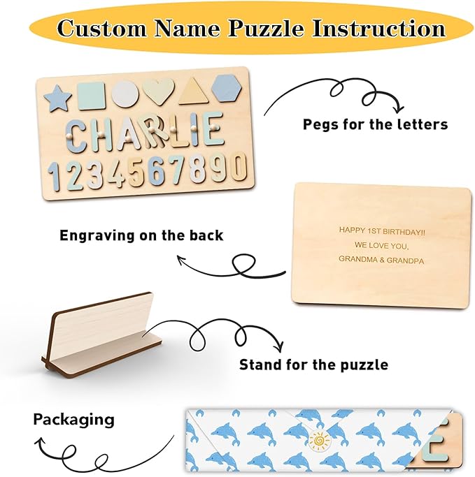 Name Puzzle for Kids Personalized Wooden Shapes Puzzles for Toddlers 1-3 Peg Puzzle Educational Toys Learning Number Customized Baby Gifts for Boys Girls First Birthday