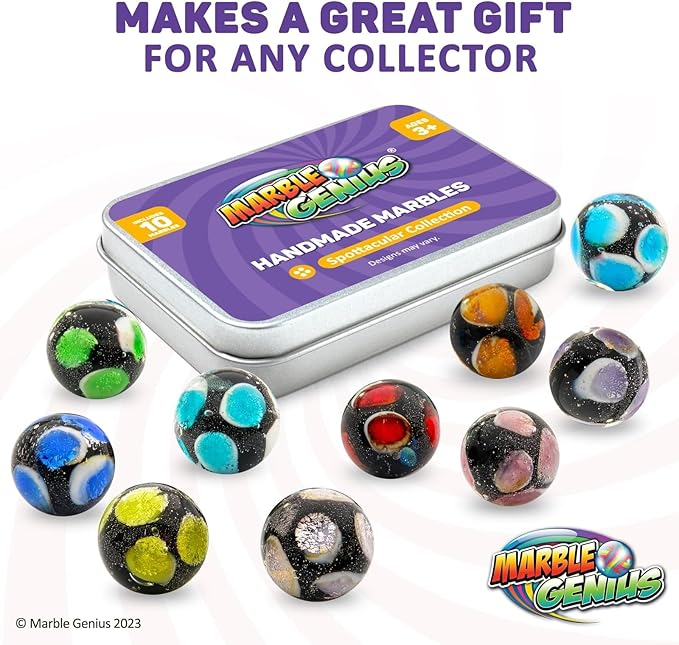 Marble Genius Collectors Marbles, Spots, 16mm (⅝ Inch), 10 Handmade Glass Marbles, Gifts for Marble Lovers, Gifts for Kids Ages 3+