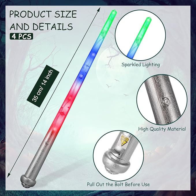 Sumind 4 Pieces Light up Wand Magic Light and Sound Toy Wizard Wands, Illuminating Witch Wand, Costume Accessory for Halloween Cosplay Birthday Party Favors(Clear Silver)