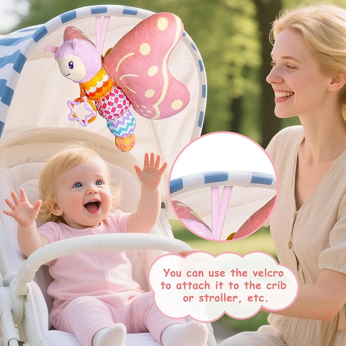 Baby Toys 0-6 Months,Infant Musical Sensory Stuffed Animal with Squeaker,Rattle,Crinkle Wings,Teether & Hanging Ring,Tummy Time Toy for Newborn 0-3-6-12 Months Boys & Girls Gift,Butterfly,Pink