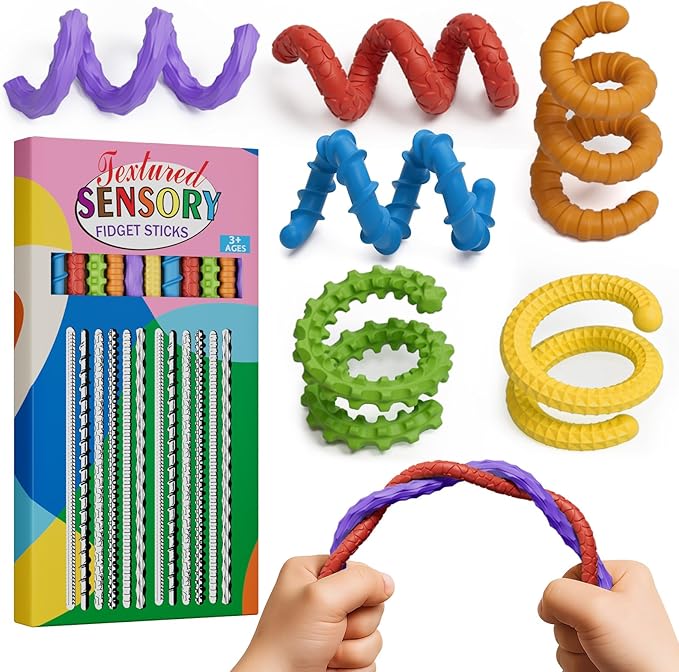 Flexible Sensory Fidget Sticks for Kids,12PCS Sensory Fidget Toys for Stress Anxiety Autistic ADHD,Calm Down Travel Airplane Essentials Toys,Stuffers Gifts for Teens Boys Girls