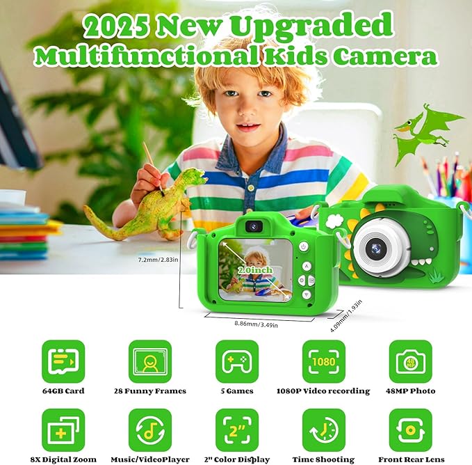 Kids Camera Toys for 3-8 Year Old Girls Boys, 48MP Dual Lens 1080P Toddler Camera for Kids with 64GB SD Card, Kids Digital Video Camcorder Selfie Camera for Christmas Birthday Gifts