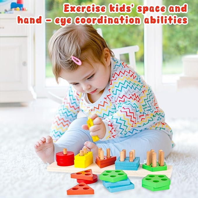 LovesTown Stacking and Sorting Learning Puzzles, Montessori Wooden Sensory Toys for Toddlers, 20 PCS